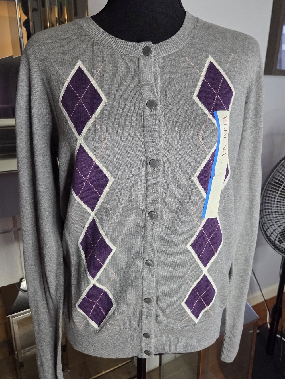 Merona Gray Cardigan with Purple Argyle Panels
